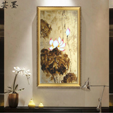 欧式客厅油画玄关装饰画纯手绘抽象东南亚金色荷花竖版过道挂画