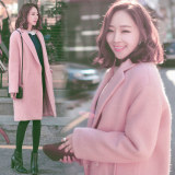韩版宽松粉色女中长款长袖羊毛呢外套茧型呢子大衣潮时尚百搭加厚