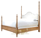 美式原木色立柱双人床布艺软包床头欧式水曲柳别墅实木家用主卧床