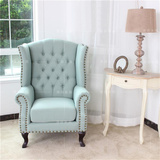 特价美式老虎椅欧式天蓝色布艺拉扣沙发椅子高背休闲椅单人形象椅