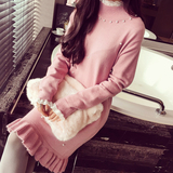 2016秋冬新款韩版甜美钉珠蕾丝拼接荷叶边修身毛衣针织打底连衣裙