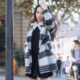 2016春秋新款韩版女修身格子中长款羊毛呢大衣西装领排扣毛呢外套