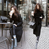 2016秋冬新款韩版双排扣系带加厚羊绒黑色超长款毛呢子大衣外套女