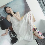 杨泡泡2016夏季韩版无袖蕾丝吊带中长款连衣裙白色ol高腰露背长裙