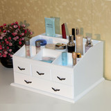 创意桌面化妆品收纳盒韩式田园白色带抽屉化妆台整理盒木质储物盒