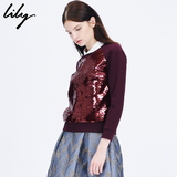 Lily2016年秋季新款女装欧美圆领长袖纯色酒红亮片T恤115330C8249