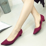 2016韩版简约通勤款女单鞋绒面酒红色尖头鞋小低跟办公室女鞋大码