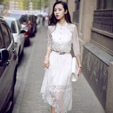 韩国代购正品韩版修身镂空小香风蕾丝中长款中袖夏季连衣裙女装