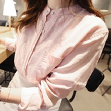 2016春夏季新款韩版粉色休闲立领长袖衬衫女百搭棉麻宽松显瘦衬衣