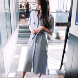 韩国夏季女装韩版衬衫连衣裙收腰中长款短袖女修身学生文艺范长裙