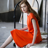 夏季气质连衣裙显瘦修身中长款针织橘红色感a型大气高端淑女裙子