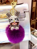 包邮新款蒙奇奇狐狸毛球挂件镶钻珍珠时尚包包汽车钥匙扣挂件挂饰