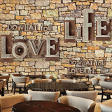 3D立体仿真石头字母复古墙纸壁画咖啡厅休闲吧酒吧餐厅背景墙纸