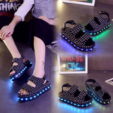 angelbaby同款凉鞋发光鞋黑色格子夏季松糕LED灯USB充电鬼步舞鞋