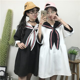 韩国甜美学院风长袖宽松大码中长款披肩海军领连衣裙水手服学生女