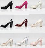 正品韩国代购新品女士圆头单鞋子粗跟超高跟漆皮米色粉色银色