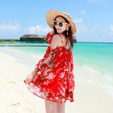 韩国波西米亚一字领吊带印花性感露肩泰国沙滩短裙海边度假连衣裙