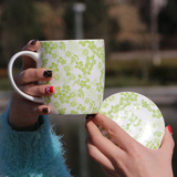 绿色陶瓷杯子特价马克杯骨质瓷带盖茶杯牛奶杯水杯办公室卡通杯
