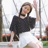 2016夏季韩版清新V领挂脖小波点荷叶袖宽松雪纺衫女甜美短袖上衣