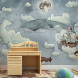 海洋儿童房墙纸女孩男孩壁纸无纺布卧室温馨欧式定制壁画 鲸鱼
