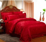 婚庆大红蚕丝贡缎提花四件套结婚床上用品欧式圆角床单被套三件套