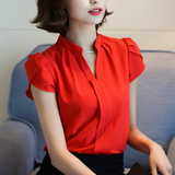 大红色雪纺上衣短袖女夏季2016新款衬衫韩版短款女装粉色低领衬衣
