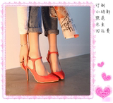 韩版时尚小码33高跟女鞋镂空尖头浅口细跟单鞋一字带绒面跟脚凉鞋