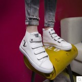 2016秋季韩版潮魔术贴白色运动高帮单鞋学生圆头平底休闲女板鞋