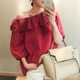 11家 韩国代购2016夏款甜美又时尚惊艳大气红色荷叶边露肩衬衫特
