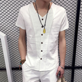 中国风唐装夏季男士棉麻短袖套装青年亚麻t恤上衣中式汉服短裤潮