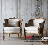 美式出口实木家具法式复古乡村实木藤编单人椅金色做旧沙发休闲椅
