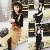 2016新款韩版时尚两件套装修身打底衫+洋气呢子系带半身背带裙女