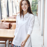 中长款白色衬衫女长袖 2016秋季韩版职业装 镂空刺绣纯棉套头上衣