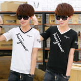 夏季新款V领纯棉男士短袖t恤青少年初中学生韩版修身男孩上衣服潮