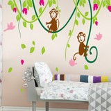 爆款卡通猴子藤蔓绿色家园儿童房墙纸贴幼儿园卧室床头客厅墙贴画