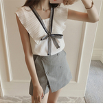 2016夏装新款韩版女小清新棉麻v领无袖花边上衣 格子短裤两件套装