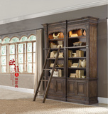 美式实木雕花双门书柜组合4门书架法式做旧书房展示柜带梯大书橱