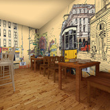 定制大型壁画复古建筑主题壁纸咖啡奶茶店餐厅3D涂鸦港式文化墙纸