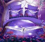 3D纯棉紫色天使大版四件套白马蓝色红花星空夏秋床单被套四件套