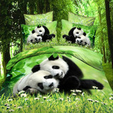 3D立体纯棉绿色熊猫四件套花草全棉斜纹被套床单卡通动物床上用品
