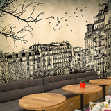 手绘素描欧洲城市建筑街景壁画客厅卧室休闲餐厅奶茶店酒吧墙纸