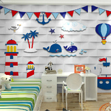 卡通地中海儿童房卧室背景墙纸 蓝色男女孩城堡大型壁画墙纸