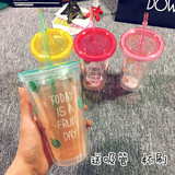 吸管成人果汁饮料水杯学生创意双层塑料柠檬杯子随手杯韩国时尚夏