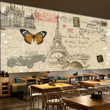 复古怀旧咖啡厅背景墙火锅店餐厅壁画墙纸个性巴黎铁塔老爷车壁纸