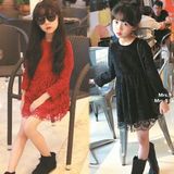 2015冬季女童韩版新款水貂绒蕾丝拼接连衣裙 儿童中长款打底衫