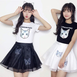 韩版猫咪套装裙子T恤短裙少女装闺蜜装夏装学生两件套蓬蓬连衣裙