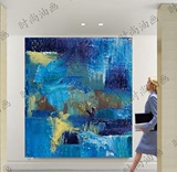 手绘抽象蓝色块巨幅现代简约装饰油画酒店别墅公司 客厅背景挂画