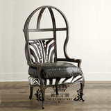 法式复古镂空黑色皮艺实木鸟笼太空椅 欧式雕花单人公主休闲椅子