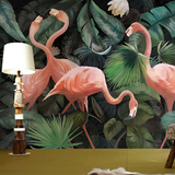 手绘树林火烈鸟餐厅背景墙纸 森林主题咖啡厅ktv定制壁画 东南亚