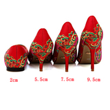 中式春秋绣花女鞋性感浅口单鞋尖头细跟高跟鞋结婚鞋新娘鞋大红色